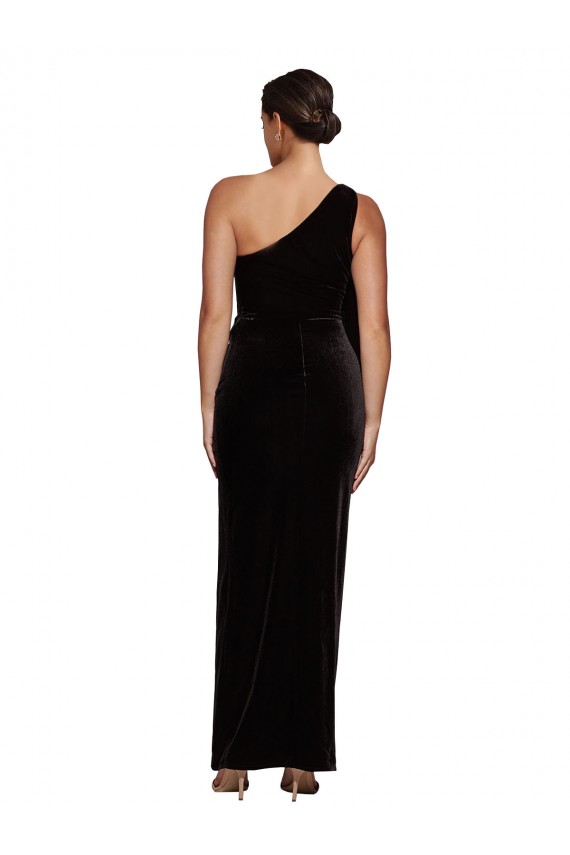 Affordable Sleeveless One Shoulder Stretch Velvet Black Long Formal Evening Dress
