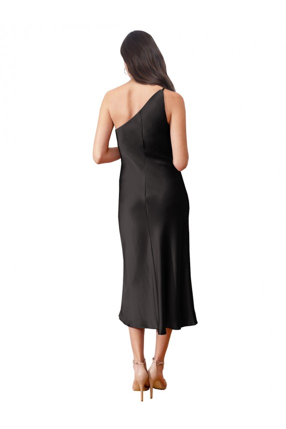 Affordable Sleeveless One Shoulder Stretch Satin Black Midi Length Black Tie Evening Dress