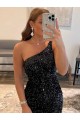 Affordable Sleeveless One Shoulder Velvet Sequin Black Short Evening Dress