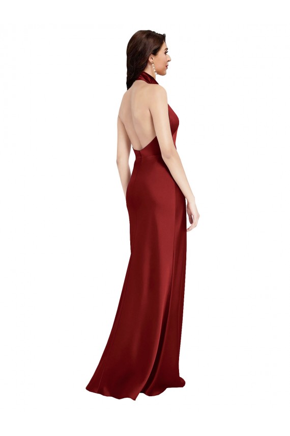 Affordable Sleeveless Halter Neck Stretch Satin Burgundy Long Black Tie Evening Dress