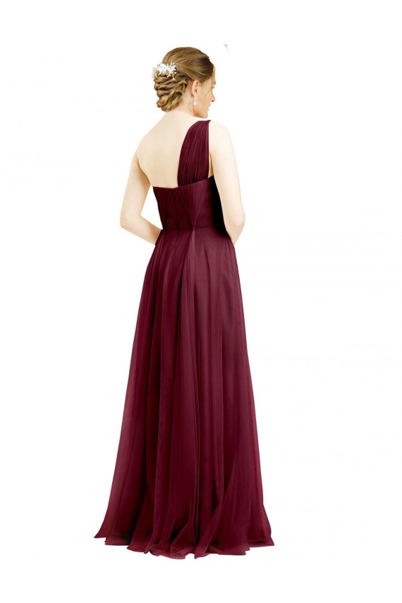 Affordable Sleeveless One Shoulder Tulle Burgundy Long Semi Formal Evening Dress