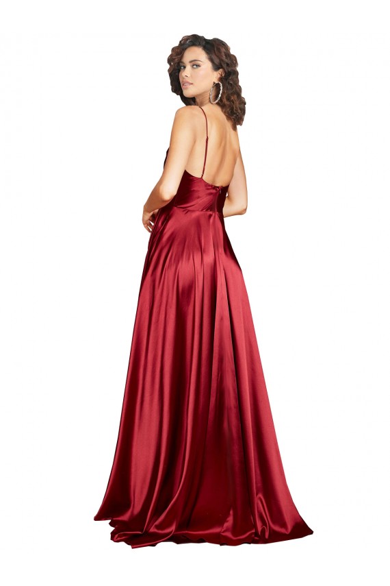 Affordable Sleeveless Cowl Neck Silky Satin Burgundy Long Black Tie Evening Gowns