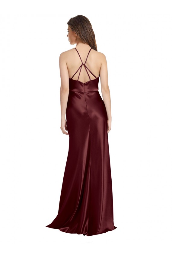 Affordable Sleeveless V-Neck Stretch Satin Burgundy Gold Long Formal Evening Dress