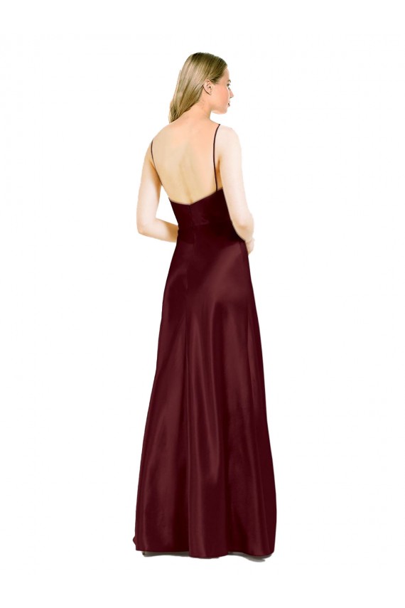 Affordable Sleeveless V-Neck Stretch Satin Burgundy Gold Long Evening Dress