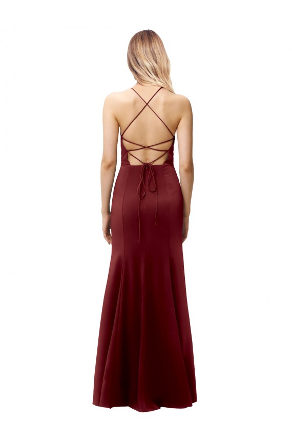 Affordable Sleeveless High Neck Stretch Crepe Burgundy Gold Long Formal Evening Dress