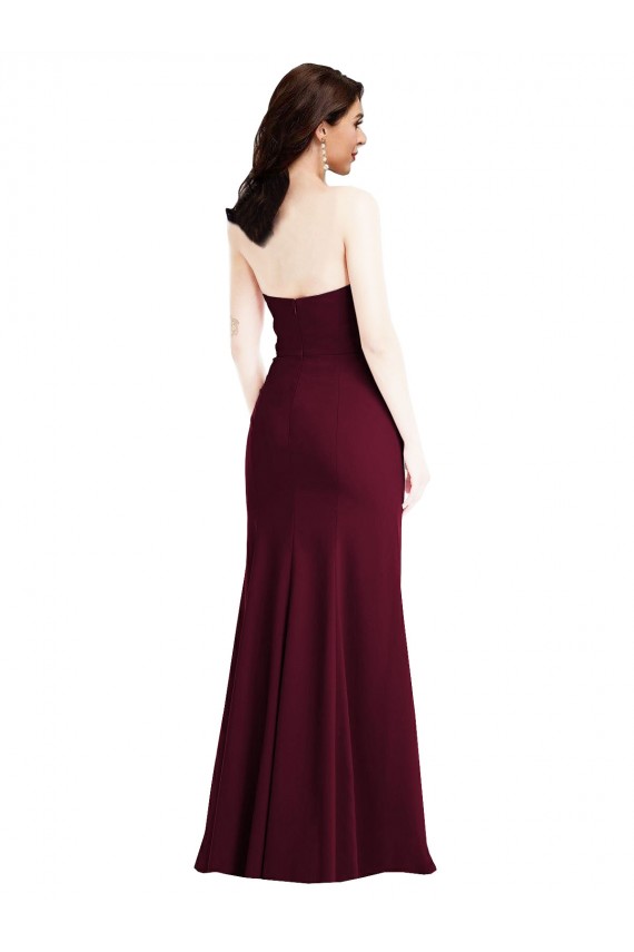 Affordable Sleeveless Strapless Stretch Crepe Burgundy Gold Long Semi Formal Evening Dress