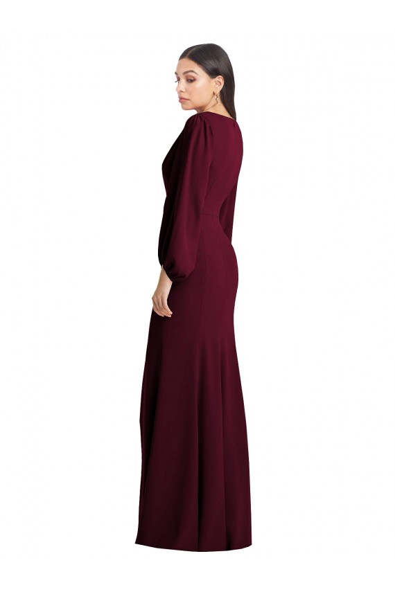 Affordable Puff Sleeves V-Neck Stretch Crepe Burgundy Gold Long Semi Formal Evening Dress