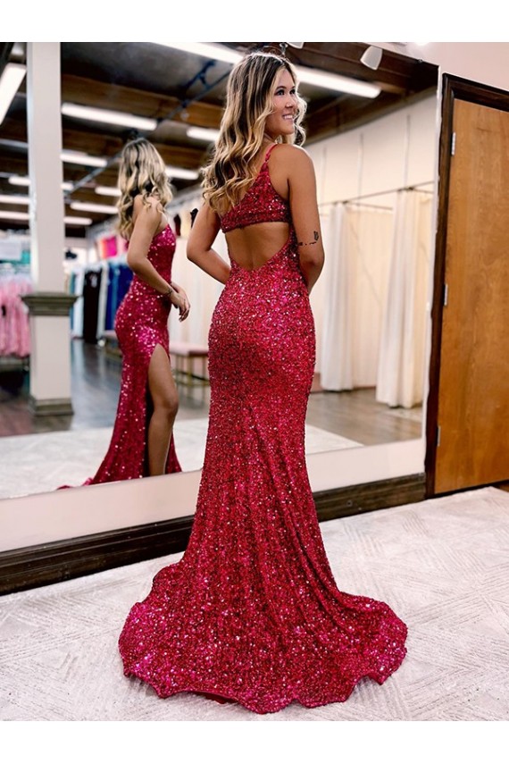 Affordable Sleeveless One Shoulder Velvet Sequin Burgundy Sweep Train Evening Gowns