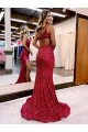 Affordable Sleeveless One Shoulder Velvet Sequin Burgundy Sweep Train Evening Gowns