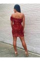 Affordable Sleeveless One Shoulder Velvet Sequin Burgundy Short Evening Dress