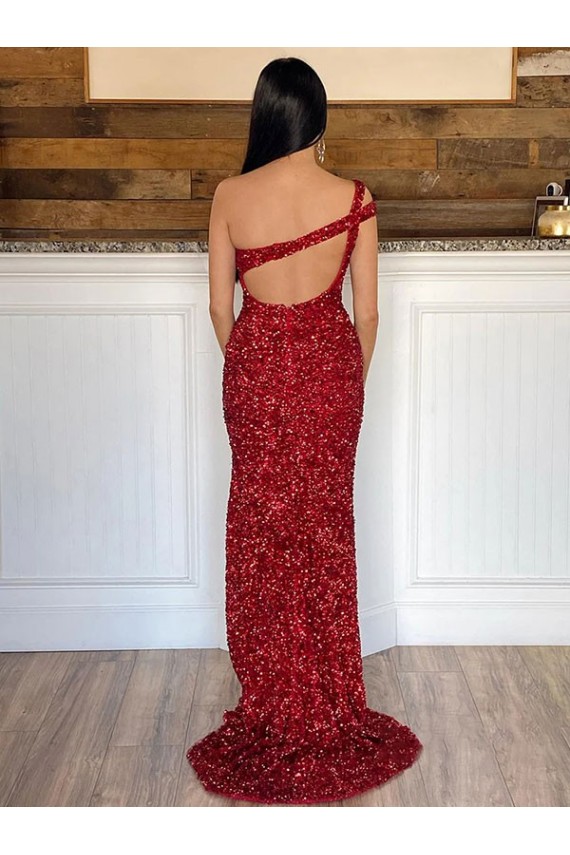 Affordable Sleeveless One Shoulder Velvet Sequin Burgundy Sweep Train Evening Dress