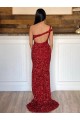 Affordable Sleeveless One Shoulder Velvet Sequin Burgundy Sweep Train Evening Dress