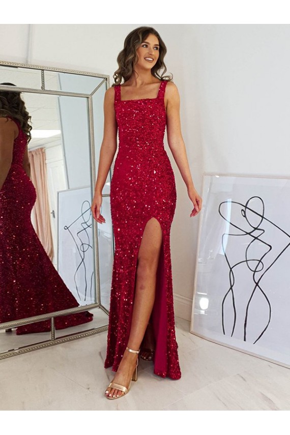 Affordable Sleeveless Square Neck Velvet Sequin Burgundy Long Evening Dress