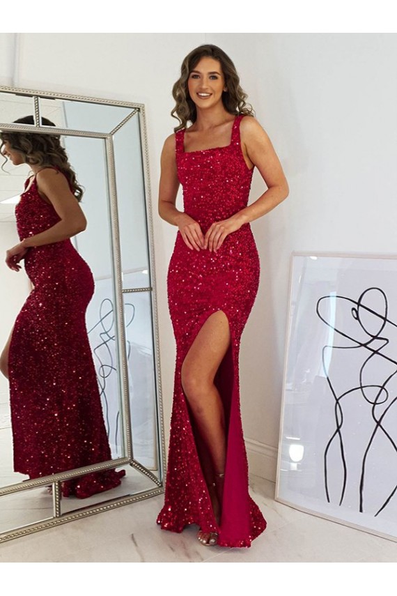 Affordable Sleeveless Square Neck Velvet Sequin Burgundy Long Evening Dress