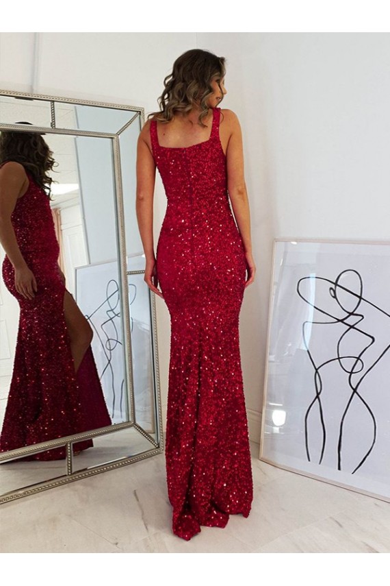 Affordable Sleeveless Square Neck Velvet Sequin Burgundy Long Evening Dress