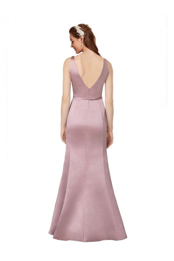 Affordable Sleeveless V-Neck Satin Burgundy Long Formal Evening Gowns