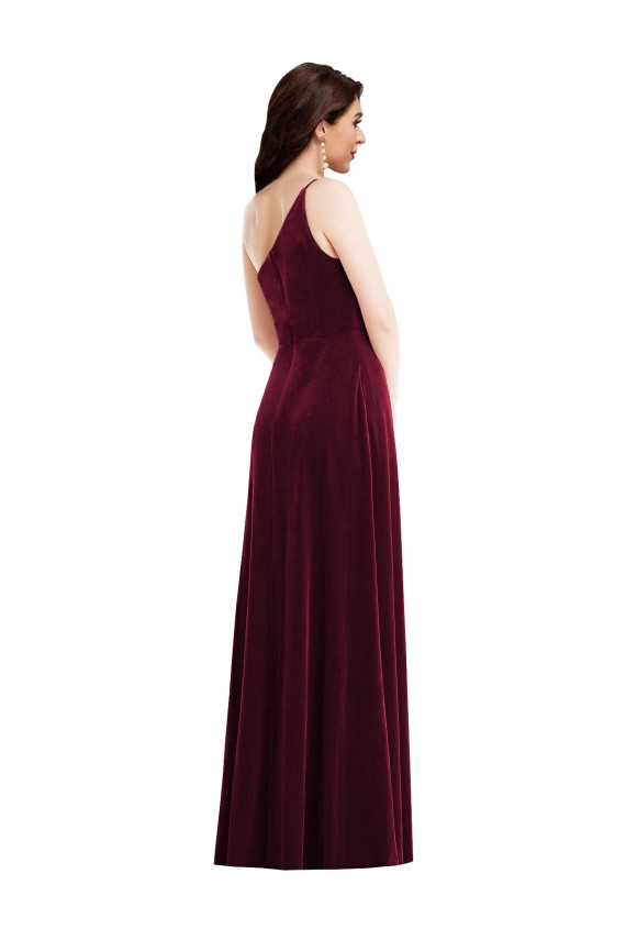 Affordable Sleeveless One Shoulder Stretch Velvet Burgundy Long Black Tie Evening Dress