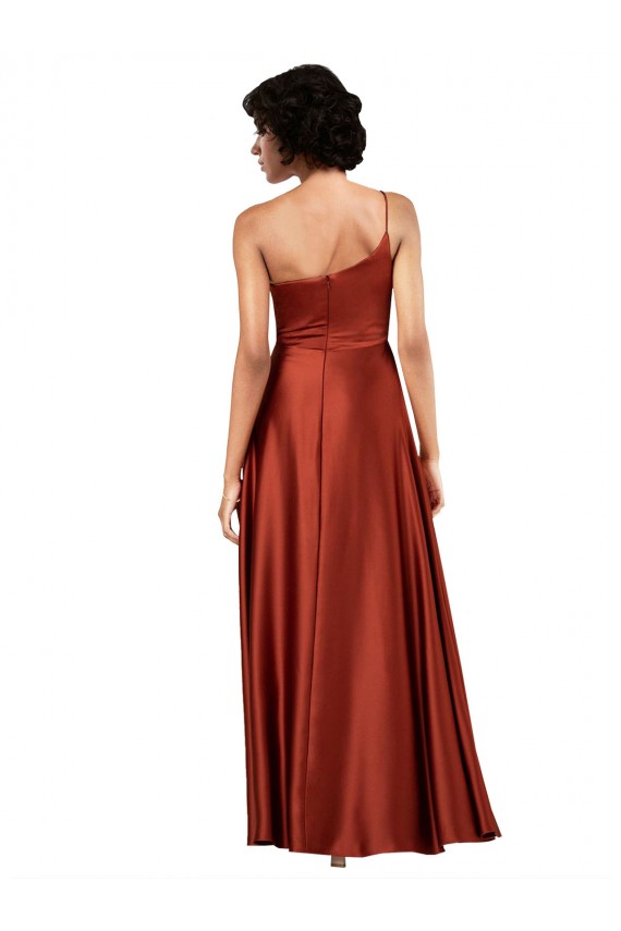 Affordable Sleeveless One Shoulder Silky Satin Burnt Orange Long Black Tie Evening Dress