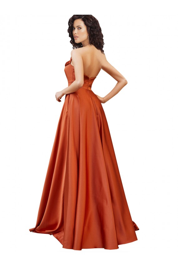 Affordable Sleeveless Round Neck Silky Satin Burnt Orange Sweep Train Formal Evening Dress