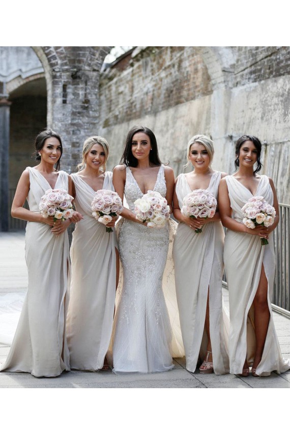 Affordable Sleeveless V-Neck Soft Chiffon Champagne Long Evening Dress