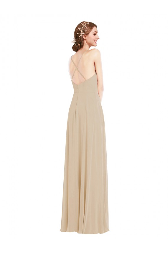 Affordable Sleeveless V-Neck Soft Chiffon Champagne Long Semi Formal Evening Dress