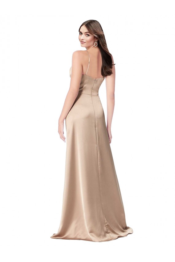 Affordable Sleeveless V-Neck Silky Satin Champagne Pink Long Formal Evening Dress
