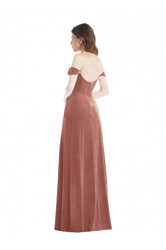 Affordable Sleeveless Off the Shoulder Stretch Velvet Cinnamon Rose Long Semi Formal Evening Dress