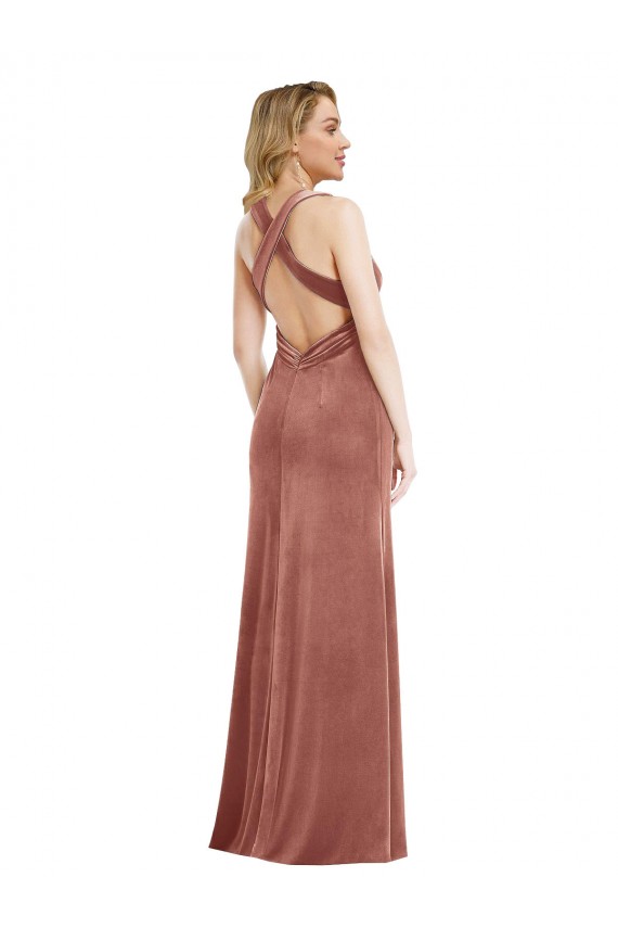 Affordable Sleeveless V-Neck Stretch Velvet Cinnamon Rose Long Evening Dress