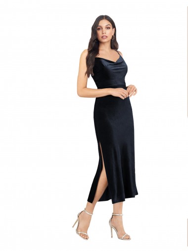 Affordable Sleeveless Cowl Neck Stretch Velvet Dark Navy Midi Length Formal Evening Dress