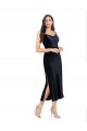 Affordable Sleeveless Cowl Neck Stretch Velvet Dark Navy Midi Length Formal Evening Dress