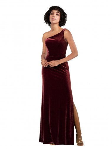 Affordable Sleeveless One Shoulder Stretch Velvet Burgundy Long Formal Evening Dress
