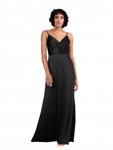Affordable Sleeveless V-Neck Silky Satin Black Column Long Formal Evening Dress