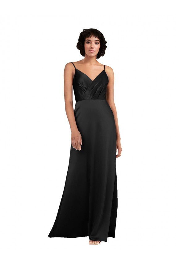 Affordable Sleeveless V-Neck Silky Satin Black Column Long Formal Evening Dress