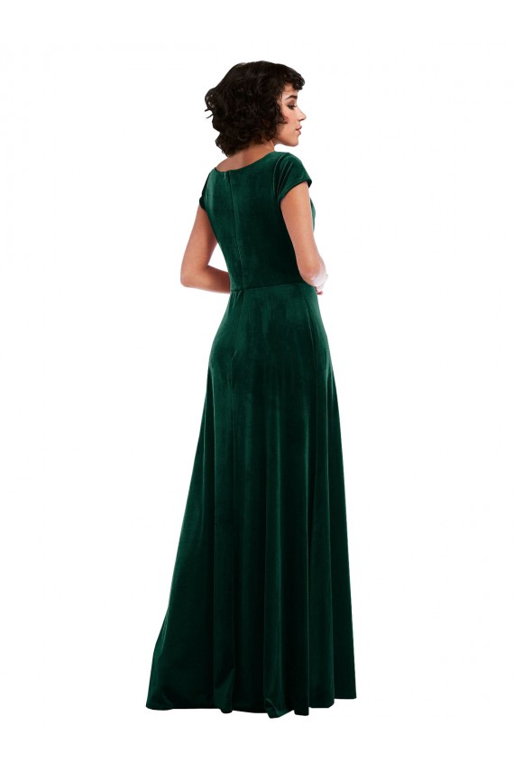 Affordable Cap Sleeves Cowl Neck Stretch Velvet Dark Green Long Black Tie Evening Dress