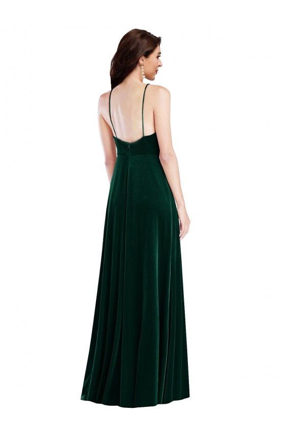 Affordable Sleeveless High Neck Stretch Velvet Dark Green Long Semi Formal Evening Dress