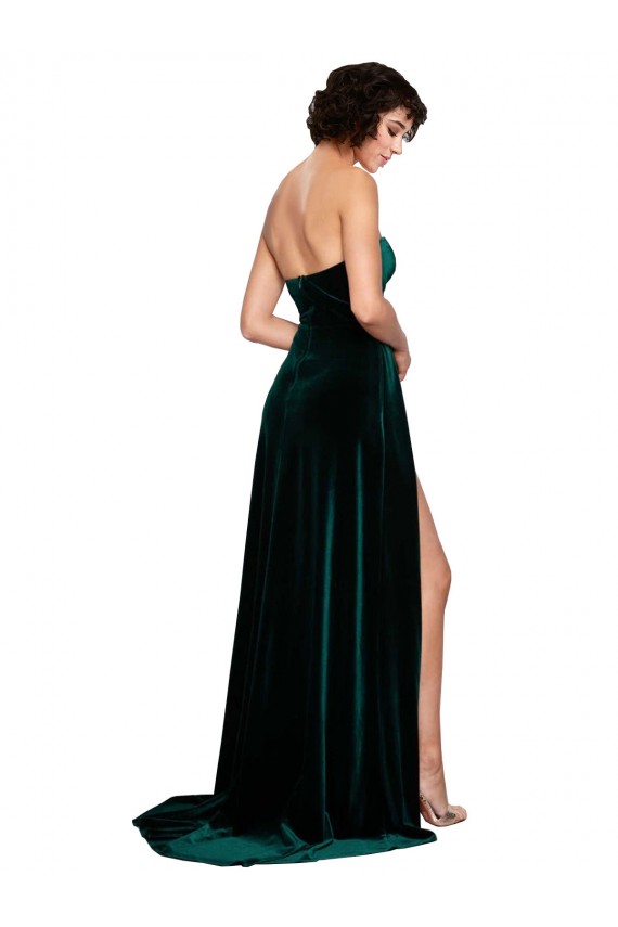 Affordable Sleeveless Sweetheart Stretch Velvet Dark Green Sweep Train Semi Formal Evening Dress