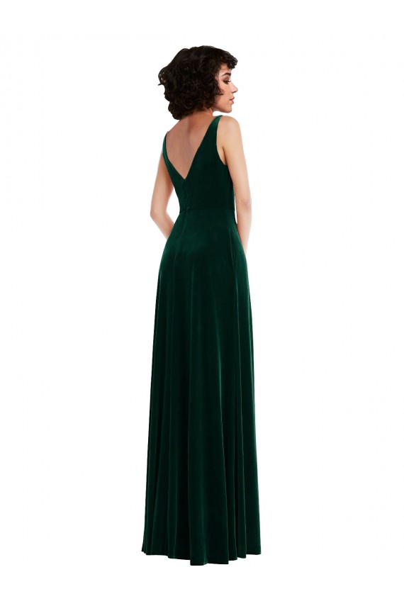 Affordable Sleeveless V-Neck Stretch Velvet Dark Green Long Evening Gowns