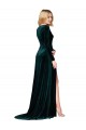 Affordable Long Sleeves V-Neck Stretch Velvet Dark Green Sweep Train Black Tie Evening Dress