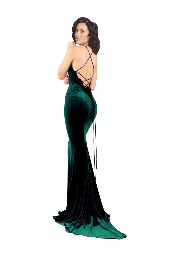 Affordable Sleeveless High Neck Stretch Velvet Dark Green Sweep Train Formal Evening Dress