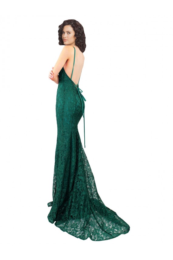 Affordable Sleeveless V-Neck Lace Dark Green Long Black Tie Evening Dress