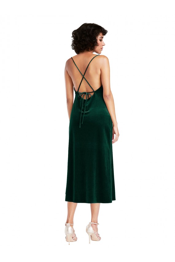 Affordable Sleeveless Cowl Neck Stretch Velvet Dark Green Midi Length Black Tie Evening Dress