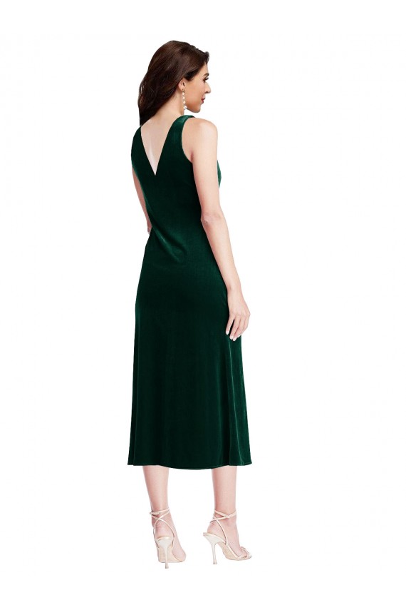 Affordable Sleeveless Cowl Neck Stretch Velvet Dark Green Midi Length Evening Dress