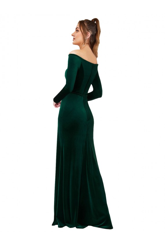 Affordable Long Sleeves Off the Shoulder Stretch Velvet Dark Green Long Formal Evening Dress