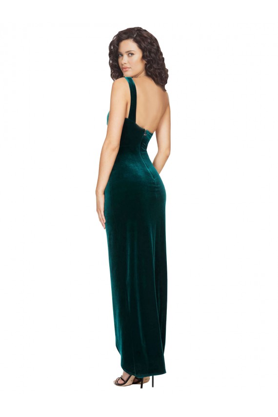 Affordable Sleeveless One Shoulder Stretch Velvet Dark Green Long High Low Evening Dress