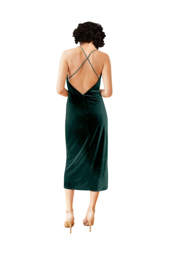 Affordable Sleeveless Cowl Neck Stretch Velvet Dark Green Midi Length Formal Dress