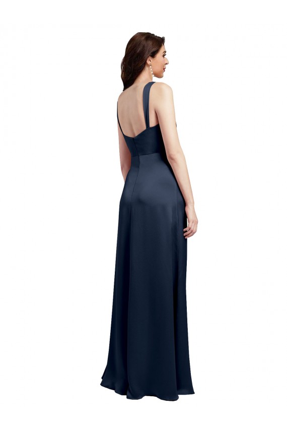 Affordable Sleeveless Cowl Neck Stretch Satin Dark Navy Long Formal Evening Dress