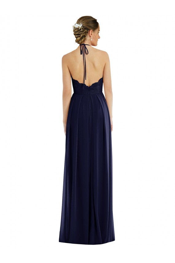 Affordable Sleeveless Halter Neck Soft Chiffon Dark Navy Long Semi Formal Evening Dress