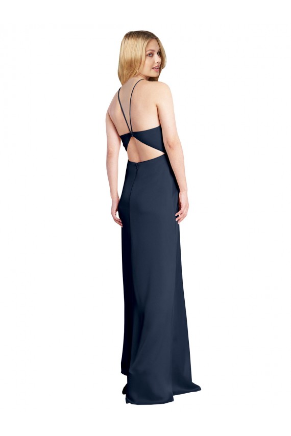 Affordable Sleeveless Halter Neck Stretch Satin Dark Navy Long Formal Evening Dress