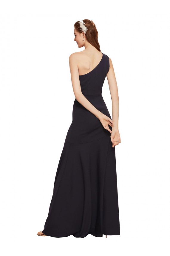 Affordable Sleeveless One Shoulder Stretch Crepe Dark Navy A-Line Long Formal Evening Dress