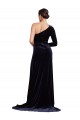 Affordable Long Sleeves One Shoulder Stretch Velvet Dark Navy Sweep Train Formal Evening Dress